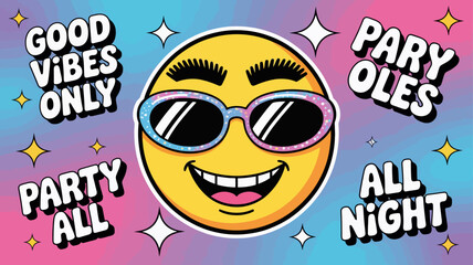 Retro Pop Art Party Smiley Face  Colourful Good Vibes Only Poster with Glitter Glasses