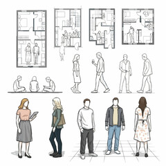 Architectural Floor Plans with Fashionable Human Figures and Layout Sketches
