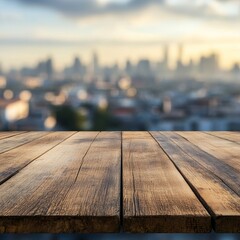 Selective Focus on Rustic Wooden Tabletop with Blurred City Skyline Background
