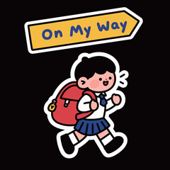A determined and focused cartoon girl with a backpack, walking confidently under a sign that says 