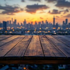 Beautiful Sunset Over City Skyline Viewed from a Rustic Wooden Table Top