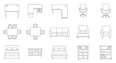 Modern apartment top view furniture collection. Line art icon set including sofa, bed, dining table, chairs, kitchen island, bathtub and wardrobe. Blueprint symbols for design planning and home renova