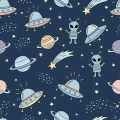Seamless Cartoon Space Pattern with UFOs, Aliens, and Planets – Kids Cosmic Background