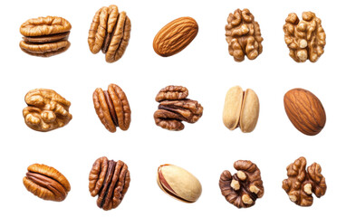 A collection of nuts walnuts almo isolated on white background, png