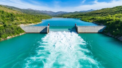 Overhead View of a Hydroelectric Dam Showcasing Energy Generation and Turquoise Water