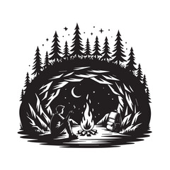 Serene night scene with a lone figure by a campfire under a crescent moon and starry sky within a forest silhouette