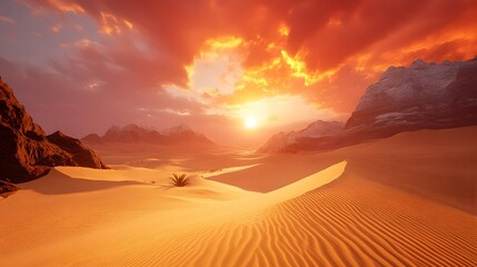 Stunning Desert Sunset Landscape with Sand Dunes and Mountains