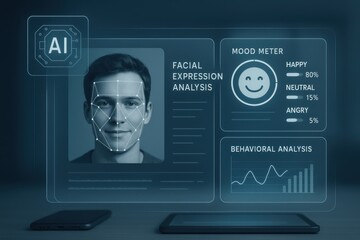 Facial expression analysis dashboard showing mood meter, behavioral insights, and AI face mapping
