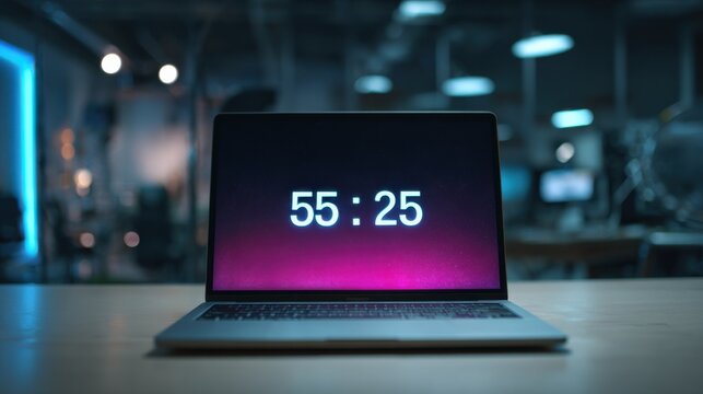 Open laptop displaying a countdown timer on its screen resting on a desk in a dark, empty office, creating a sense of urgency and anticipation for an upcoming deadline or event