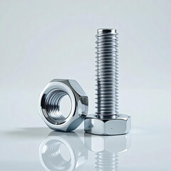 Shiny Metal Nut and Bolt Still Life on Reflective Surface