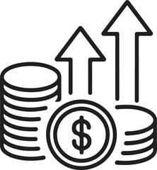 Growing stack of coins with upward arrows representing financial growth and success