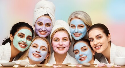 Group of women with colorful face masks and towels smiling at the camera