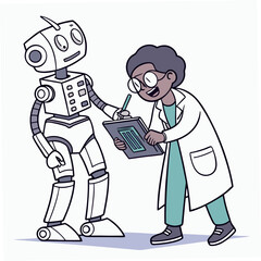 Scientist working with a robot on a transparent background isolated on transparent background