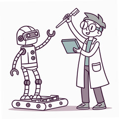 Scientist working on a robot with a toothbrush isolated on transparent background