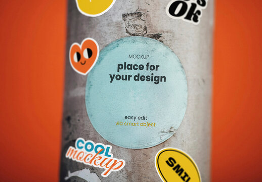 Round Sticker on Metal Pole with Stickers Mockup
