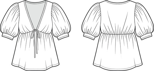 PrintFashionable women's blouse illustration, puff sleeves, V-neckline, waist tie design, stylish garment sketch for sewing