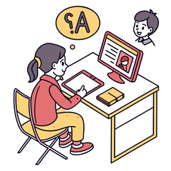 Children learning online with computer and tablet isolated on transparent background