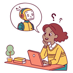 Child thinking about robot learning on laptop isolated on transparent background