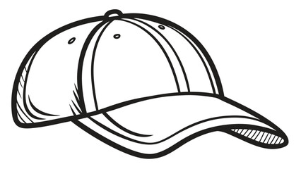 A black and white illustration of a baseball cap, showcasing its classic design and structure..eps