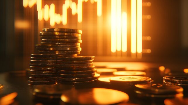 Stacks of Coins with Financial Graphs in the Background at Sunset Glow