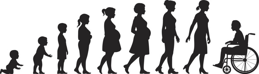 PrintFemale life stages silhouette from crawling baby to elderly in wheelchair, woman aging process, timeline, growth, development, generation cycle