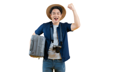 A happy traveler ready for adventure. A man wearing a hat holding a suitcase and camera on png background 