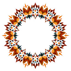 Ornate symmetrical circular mandala frame with stylized floral motifs in burnt orange, teal, and dark brown, ideal for decorative borders or design elements.