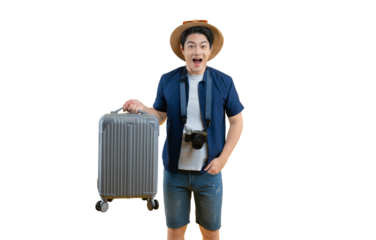 An excited tourist with a suitcase is ready for adventure. The tourist wears a hat and a camera around his neck on png background 