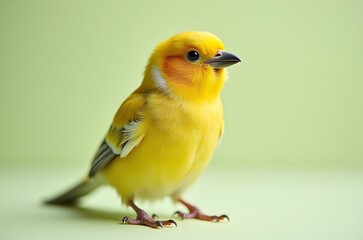 Obraz premium Pretty Yellow Bird Profile Fluffy Feathers Pastel Background ai generated