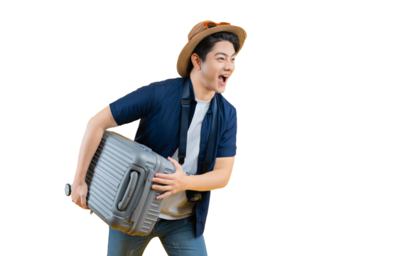 A happy man in a straw hat holding a suitcase, ready for an adventure.  He has a look of excitement on his face and is ready to travel  - Powered by Adobe
