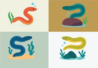 Colorful Eel Fish Flat Design Vector Collection – Cute Underwater Animal Illustration