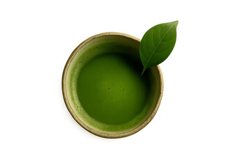 Top view of matcha cup with leaf on edge on transparent background, vibrant green tea in rustic ceramic