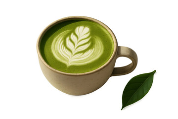 Matcha cup with beautiful latte art and green leaf on transparent background, large handle ceramic mug