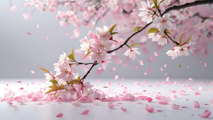 Obraz premium Delicate pink cherry blossoms with falling petals on a light background image