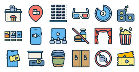 Cinema icon set related to film, movie, cinematography, entertainment, theater, shown and others. vector illustration with lineal color style