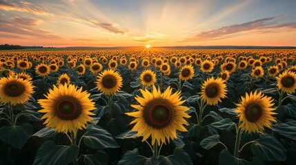 Fototapeta premium Vast sunflower field at sunset.