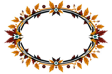 Obraz premium An oval folk-style autumn frame decorated with stylized autumn leaves in orange, brown, red, and turquoise, as well as amulets against the evil eye, is suitable for decorative borders or tiles.