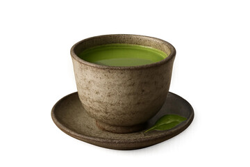 Rustic matcha tea in clay cup with saucer and leaf on transparent background
