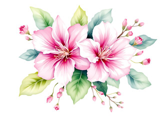 Obraz premium Watercolor Pink Cherry Blossoms or Dogwood Flowers with Buds and Leaves - Isolated on transparent background