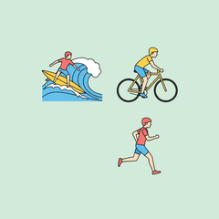 Obraz premium A set of three colorful line art icons showing athletes surfing, cycling, and running.