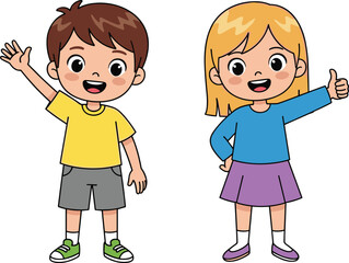 PrintHappy cartoon kids, boy and girl illustration, waving hand, thumbs up, smiling children, colorful clothes, isolated vector, child character, cheerful pose, friendly expression