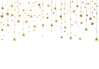 Gold star confetti falling on black background.  Vertical lines of glittering gold stars and small golden particles cascade downwards