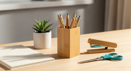 Obraz premium Minimalist notebook and pen on a clean desk with a potted plant in a bright, serene environment
