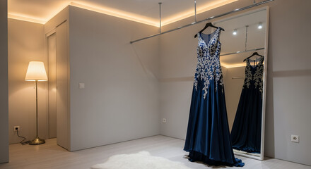 Luxurious girl in high fashion evening gown displayed in modern fitting room with mirror
