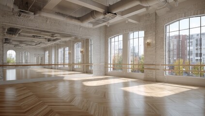 Light-filled dance studio with large windows