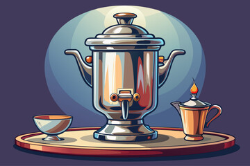 vector of A stylish steel samovar for preparing tea... with a steel tray for under the samovar. Background color of your choice and...