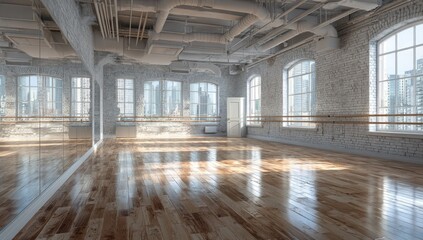Fototapeta premium Spacious dance studio with city views. Large windows, hardwood floors, and mirrored walls