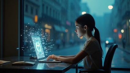 Young girl coding on a laptop in a futuristic city cafe with digital data projections