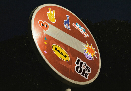 Stickers on Wrong Way Street Sign Mockup