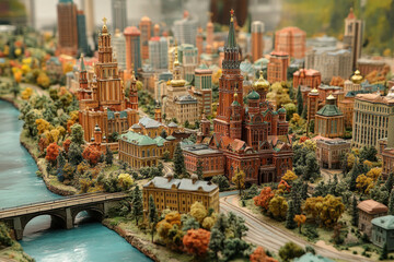 A detailed model of a cityscape with elements of classical Russian architecture.  